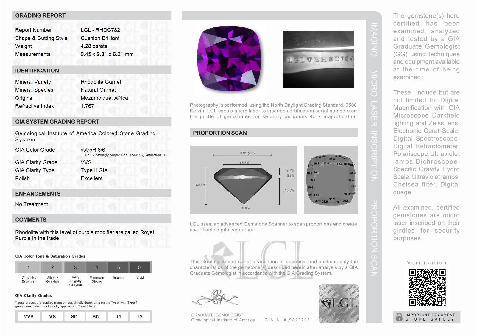 LGL gem certificate specifying the gems information and lack of enhancements