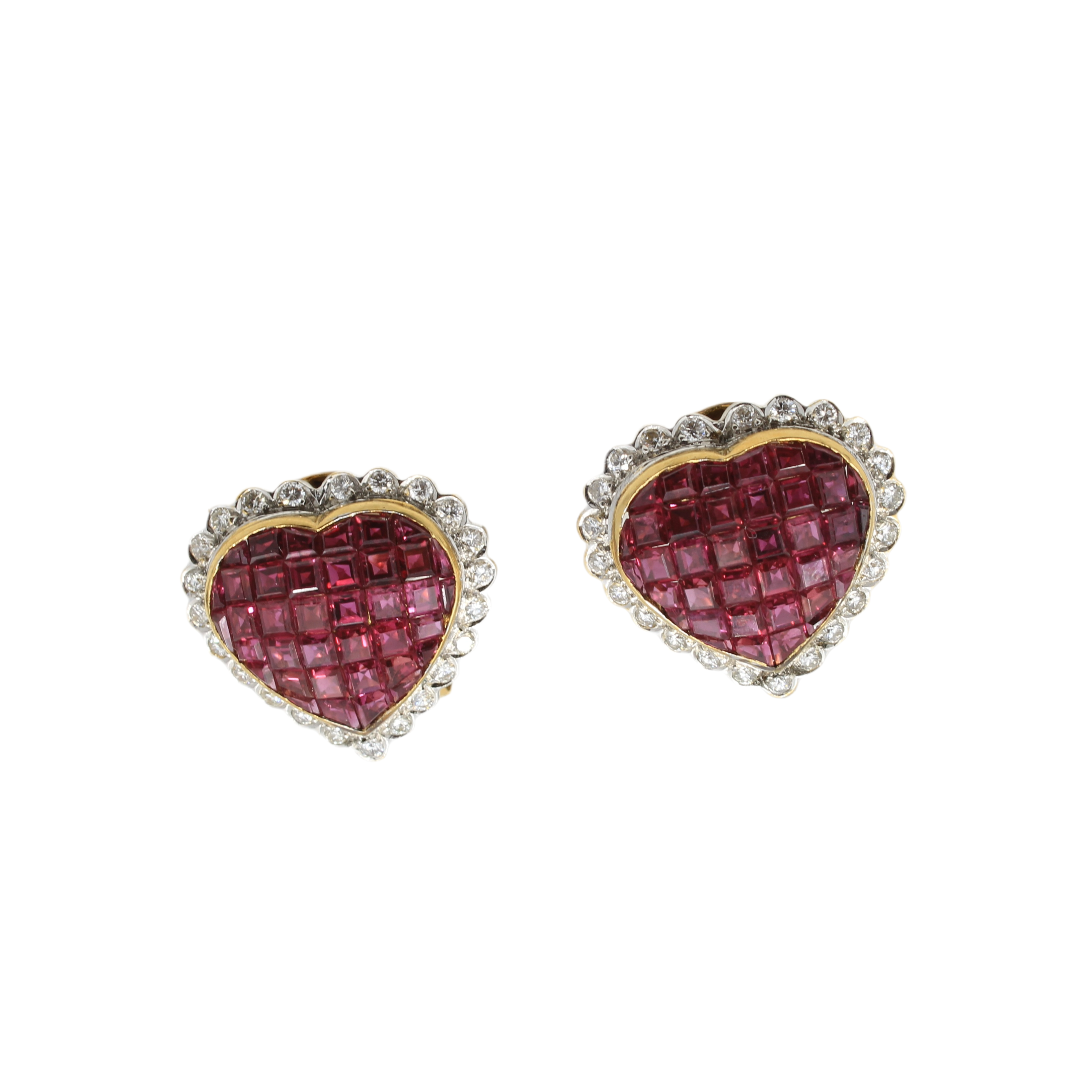front view of mystery set ruby and diamond Heart Stud / Clip on Earrings 18k yellow gold
