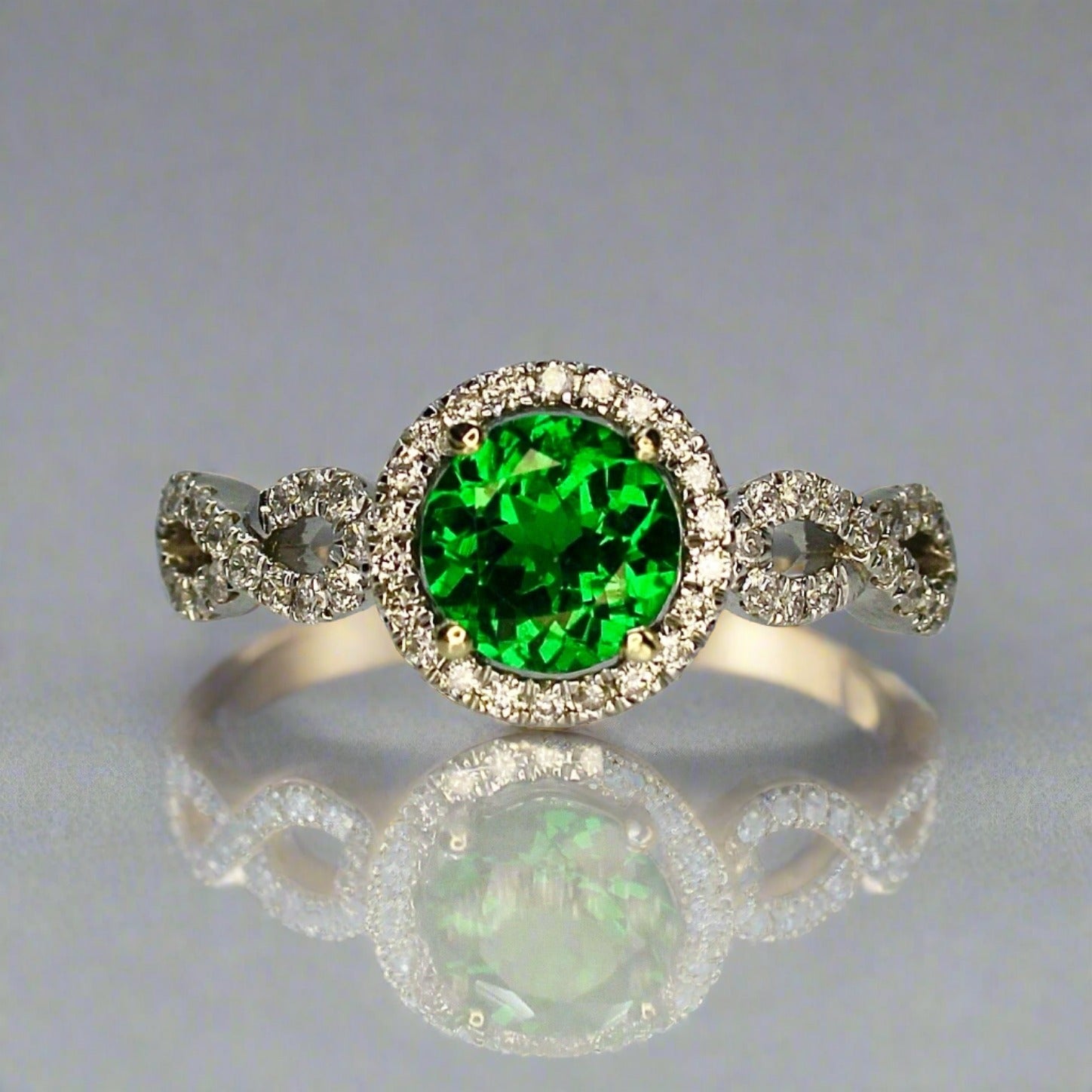 Vivid Green Tsavorite Garnet Ring in 14K white gold twisted setting with a halo