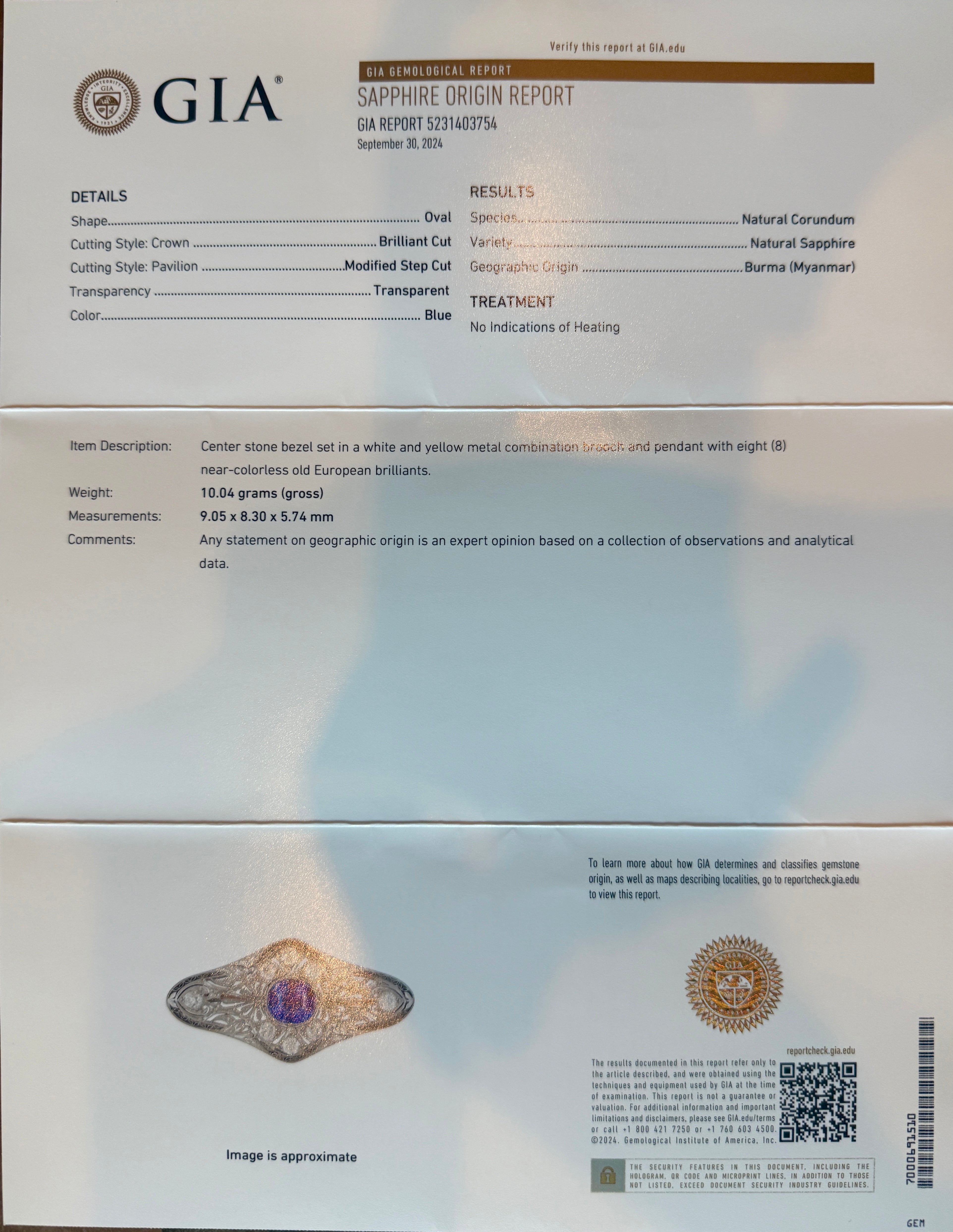 GIA report cornflower blue burmese sapphire brooch no heat