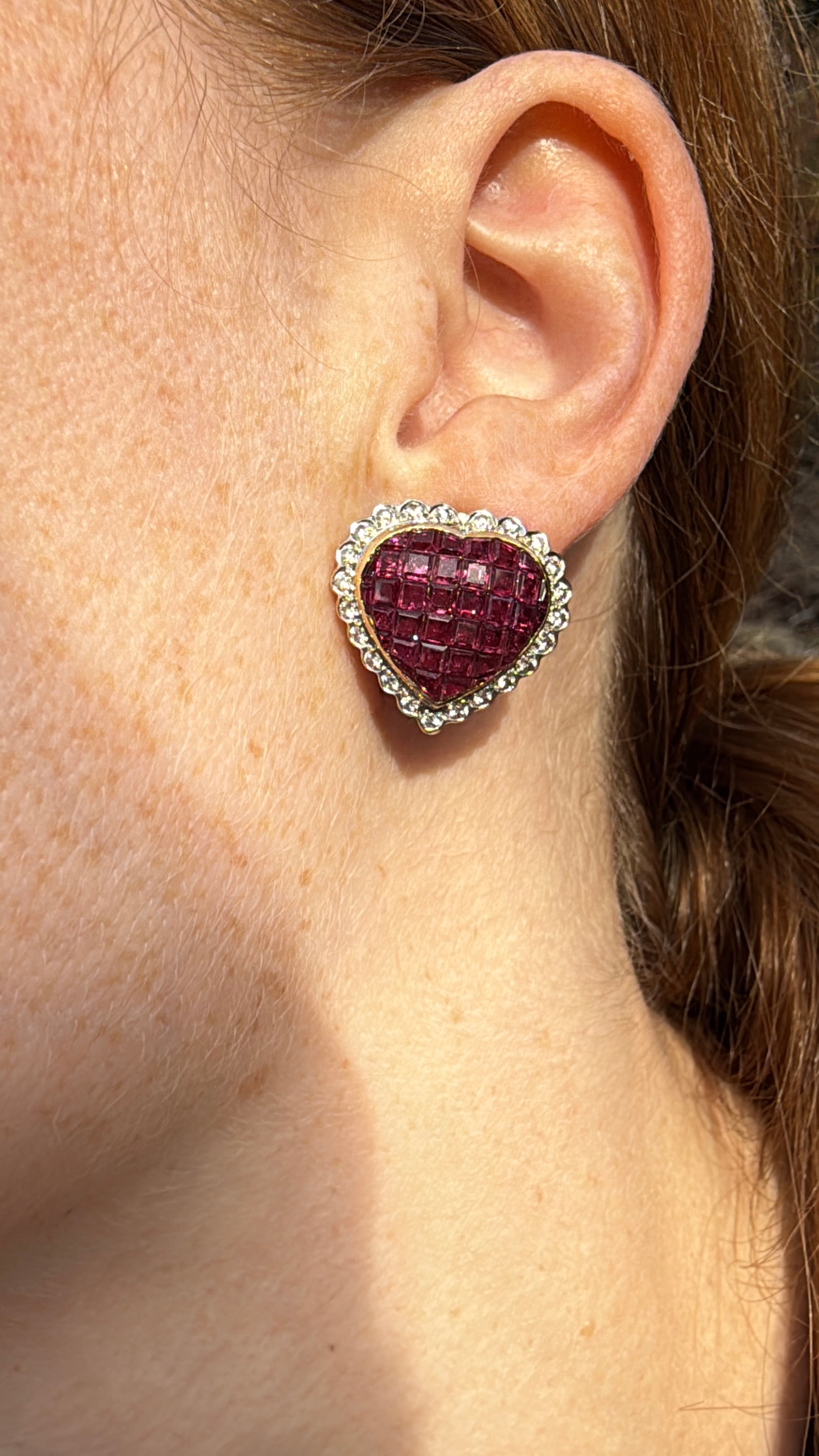 On ear wearing mystery set ruby and diamond Heart Stud / Clip on Earrings 18k yellow gold