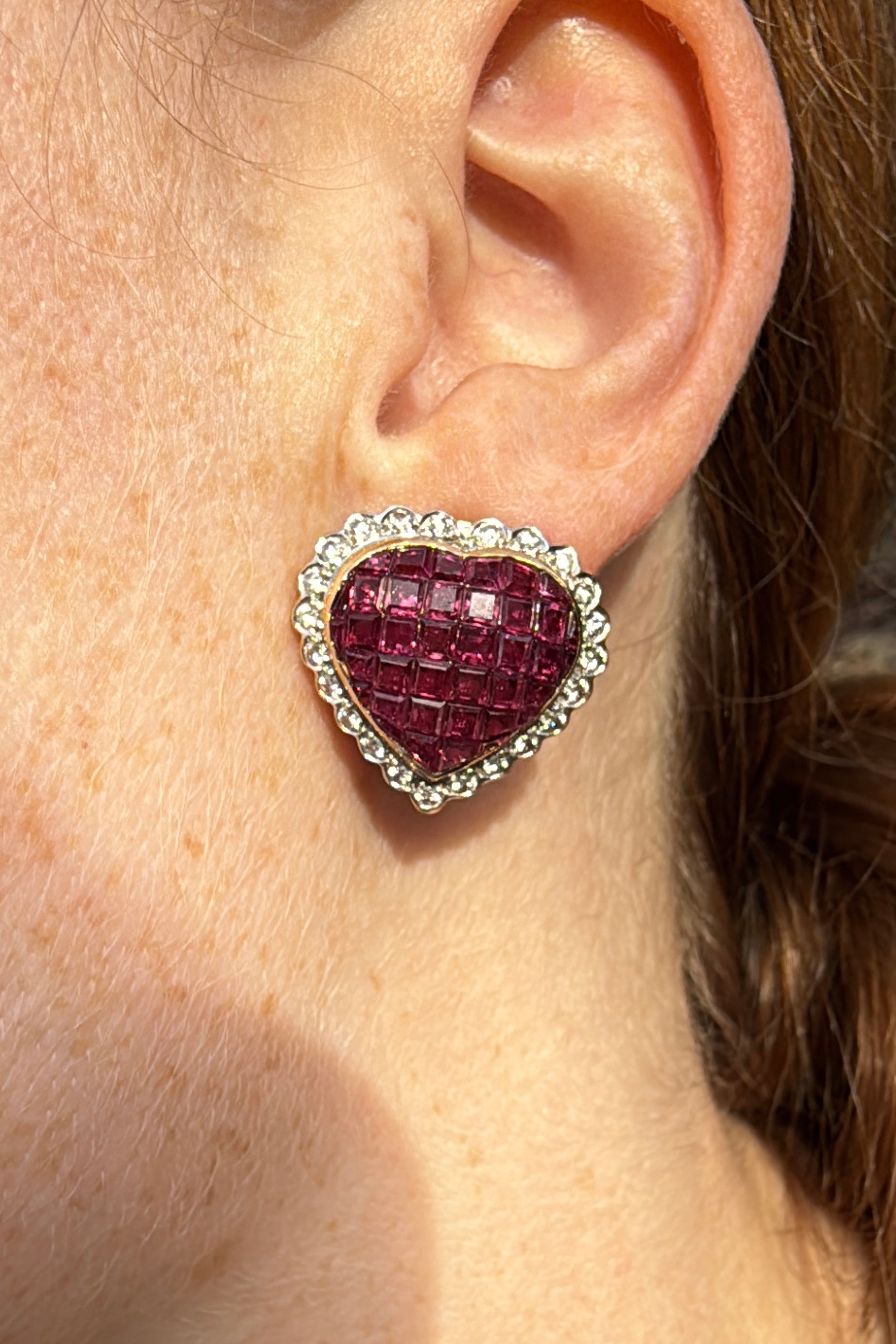 On ear wearing mystery set ruby and diamond Heart Stud / Clip on Earrings 18k yellow gold