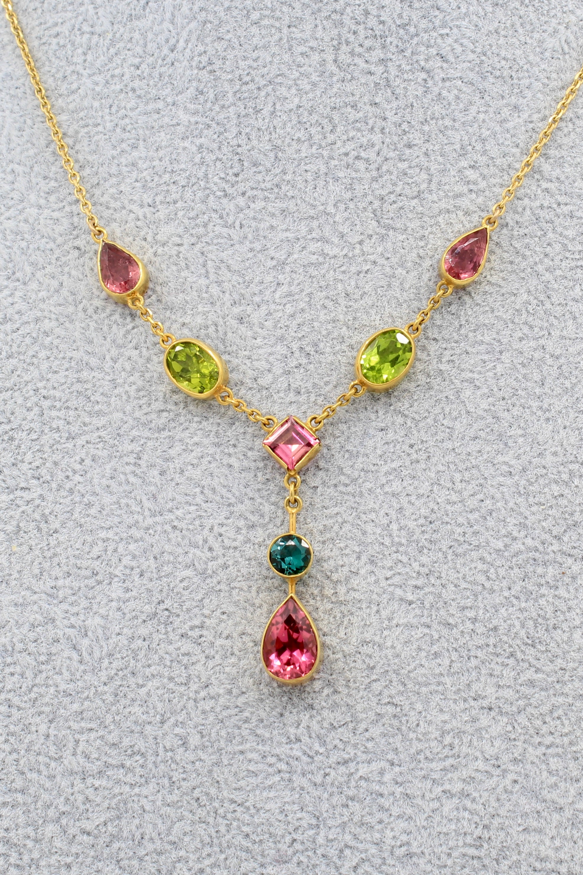 Tourmaline and peridot lavalier necklace 14K yellow gold pink blue green
