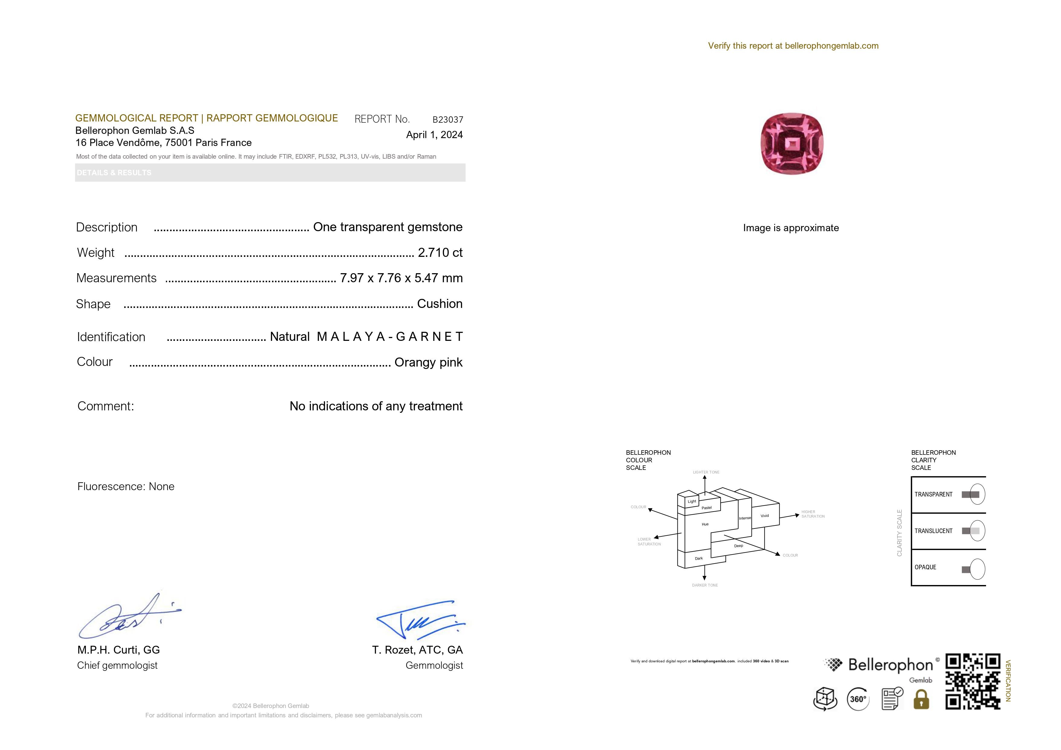 Bellerophon malaya garnet report orangey pink, 2.7ct