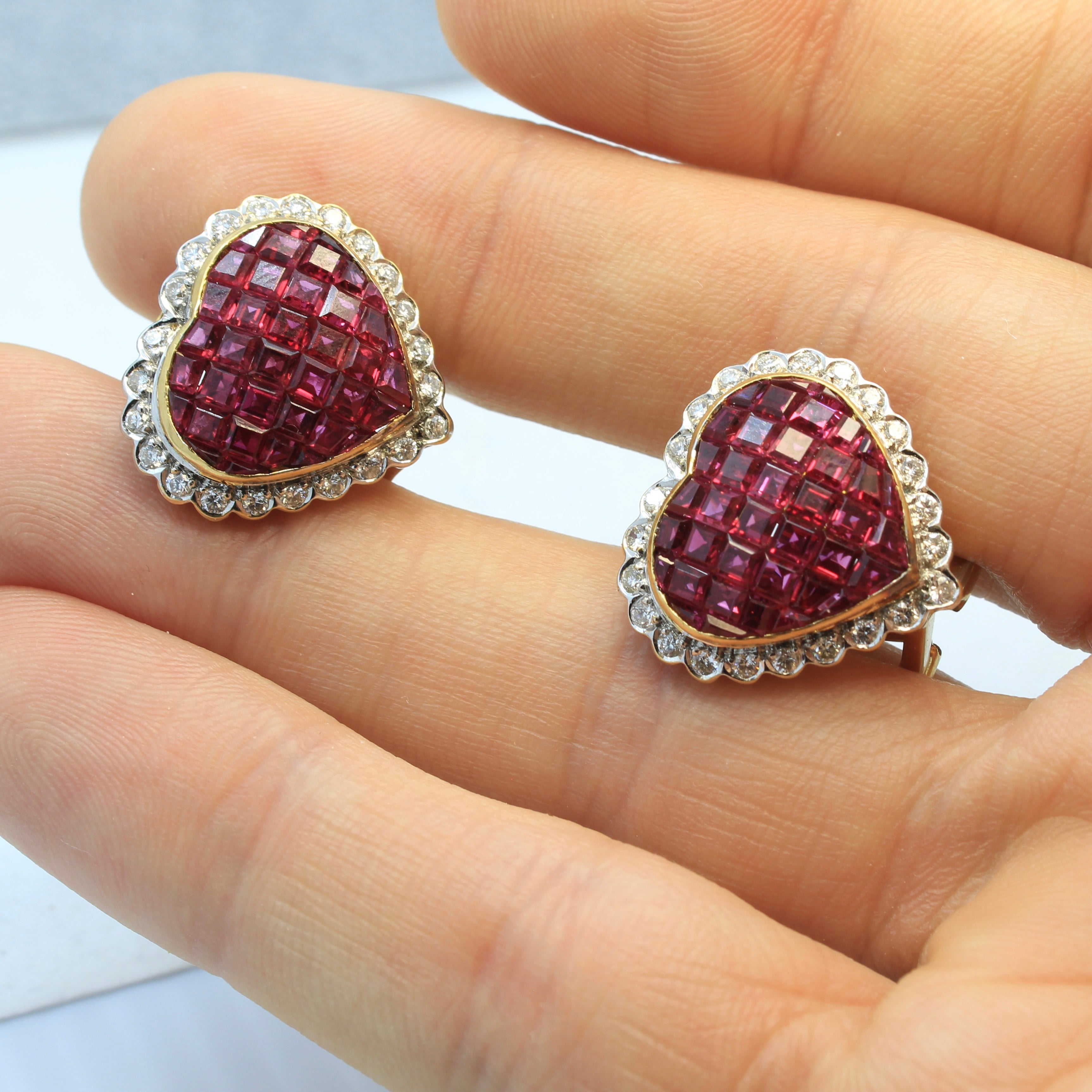 front view of mystery set ruby and diamond Heart Stud / Clip on Earrings 18k yellow gold