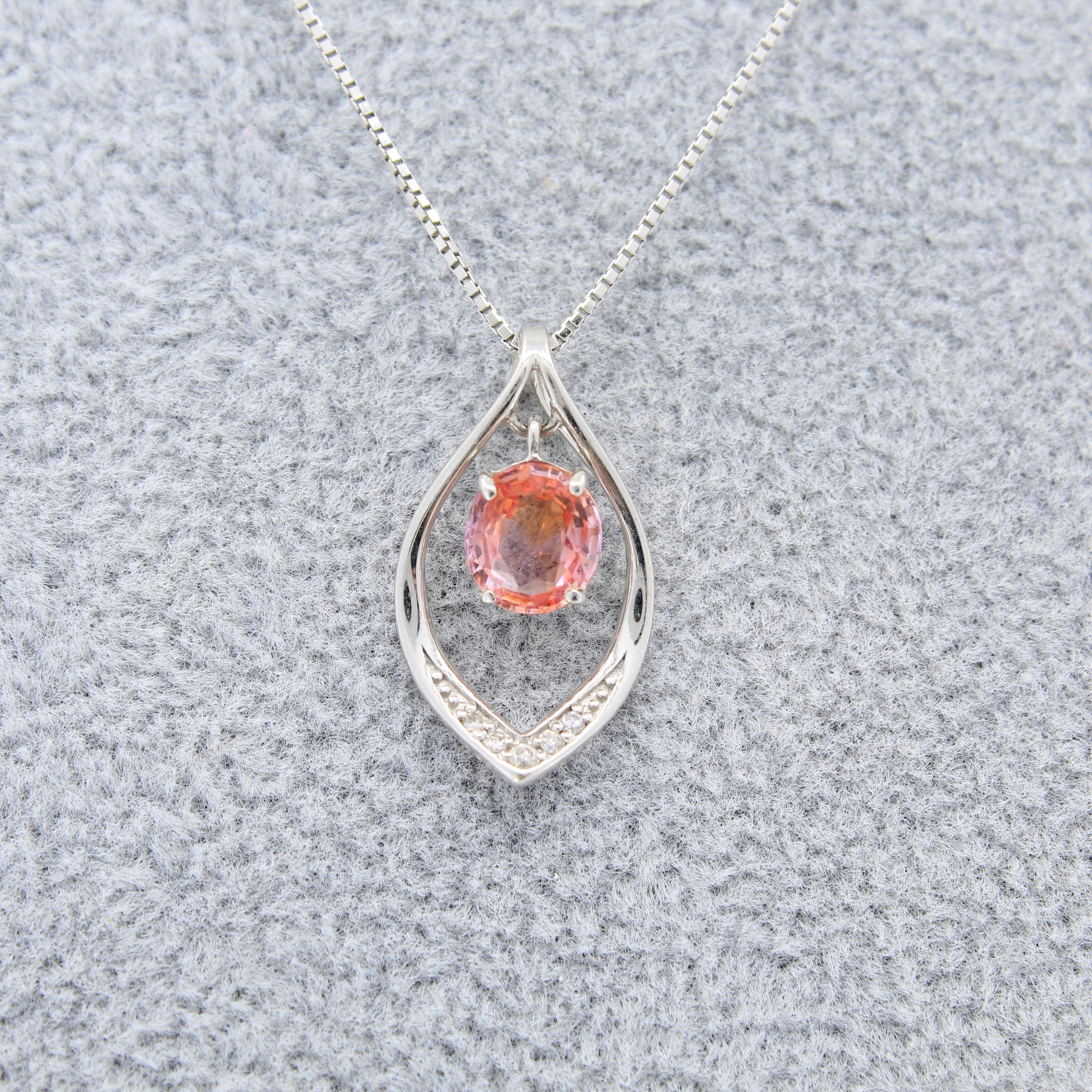 pink orange zoned sapphire on 18k white gold pendant and box chain
