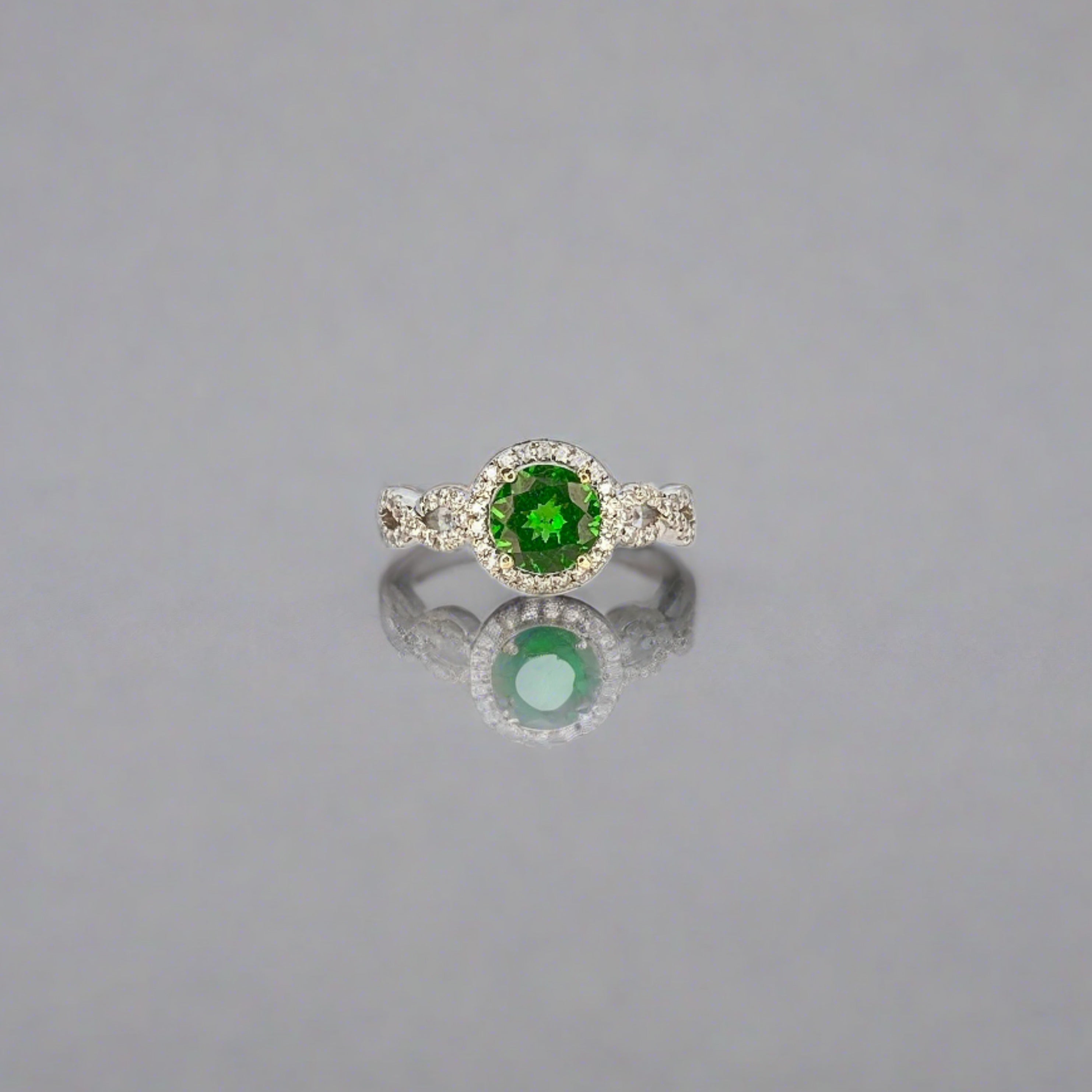 Vivid Green Tsavorite Garnet Ring in 14K white gold twisted setting with a halo