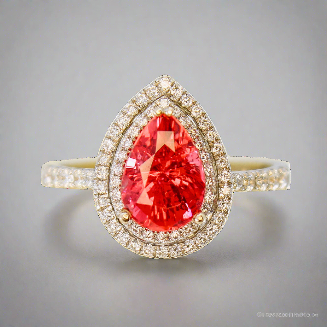 Mahenge Red Spinel pear shape engagement ring in 18K white gold with a double halo.
