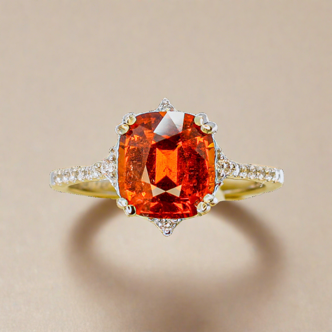 spessartine garnet ring macro photo, set in 14k white gold