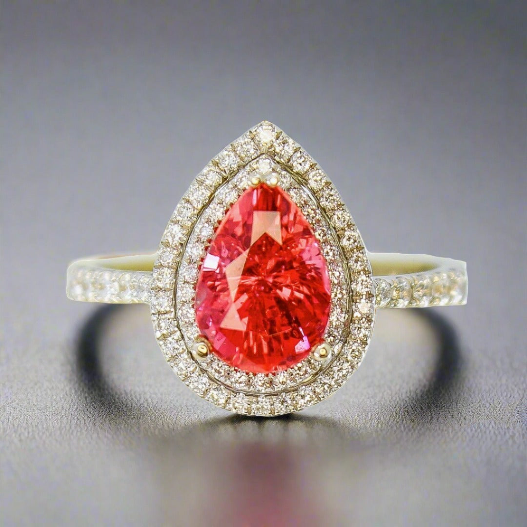 Mahenge Red Spinel pear shape engagement ring in 18K white gold with a double halo.