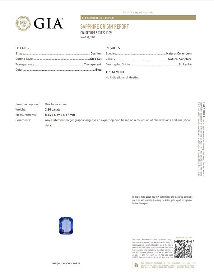 GIA report certification blue sapphire GIA no heat sri lanka step cut cushion 2.6 carats