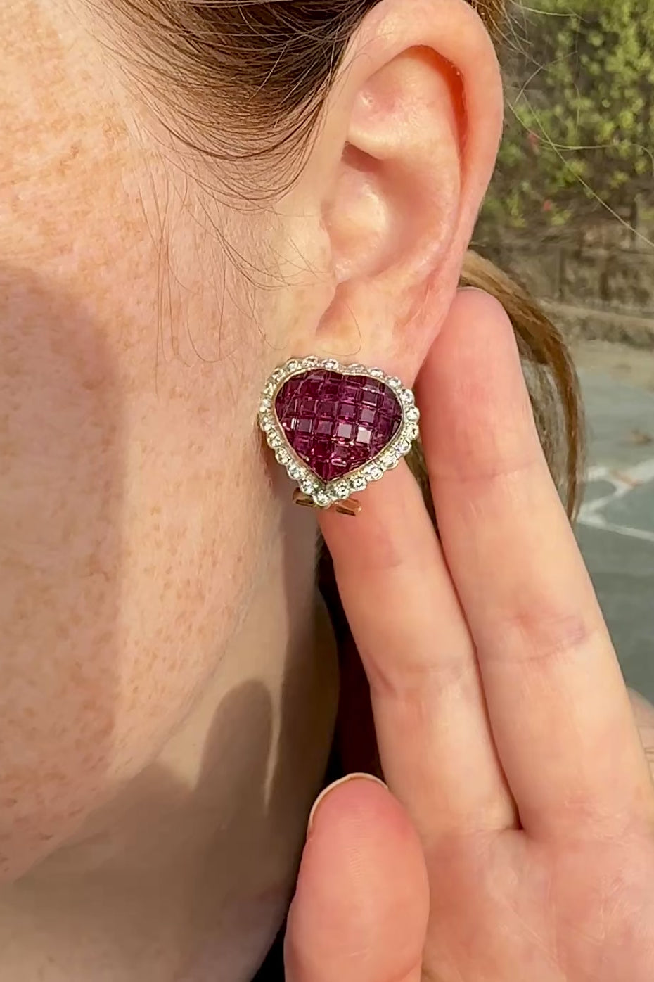 On ear wearing mystery set ruby and diamond Heart Stud / Clip on Earrings 18k yellow gold