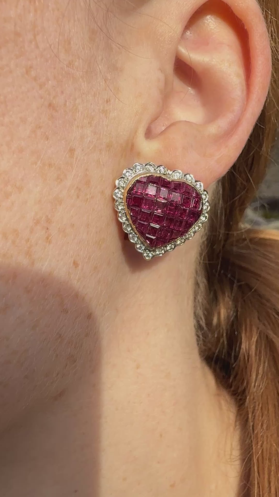 On ear wearing mystery set ruby and diamond Heart Stud / Clip on Earrings 18k yellow gold