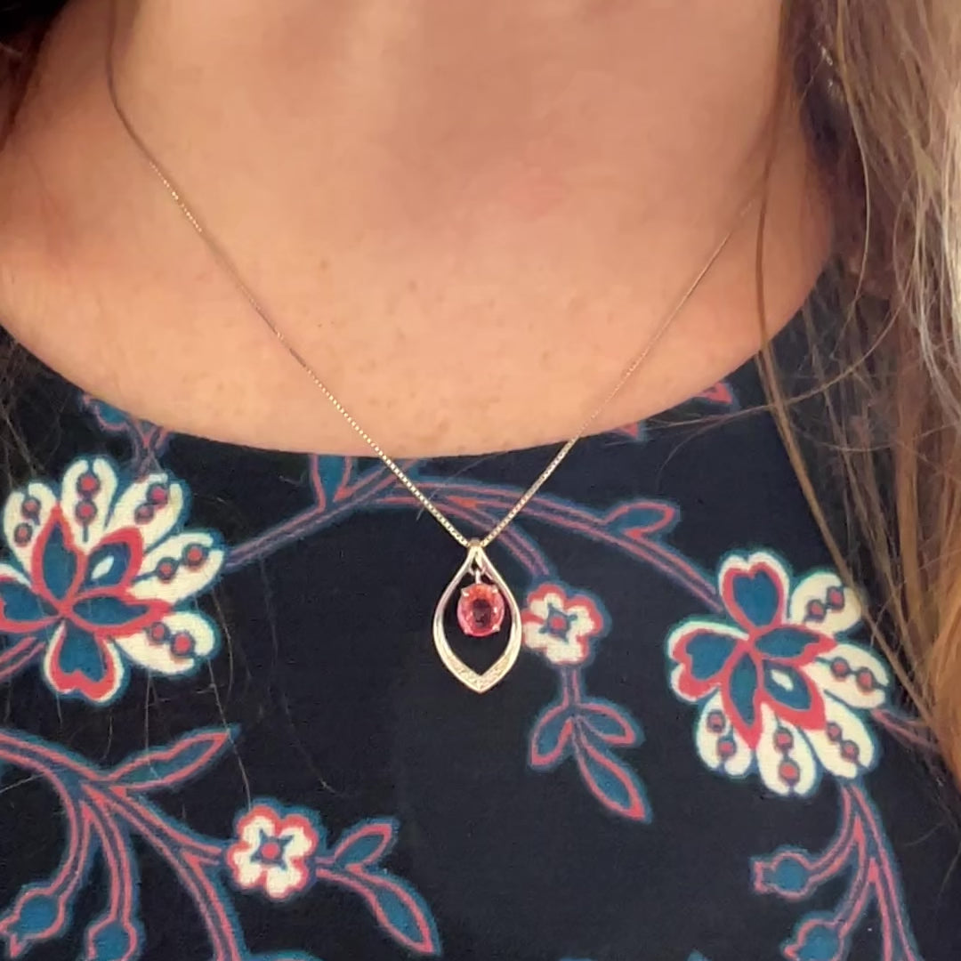 pink orange zoned sapphire on 18k white gold pendant and box chain