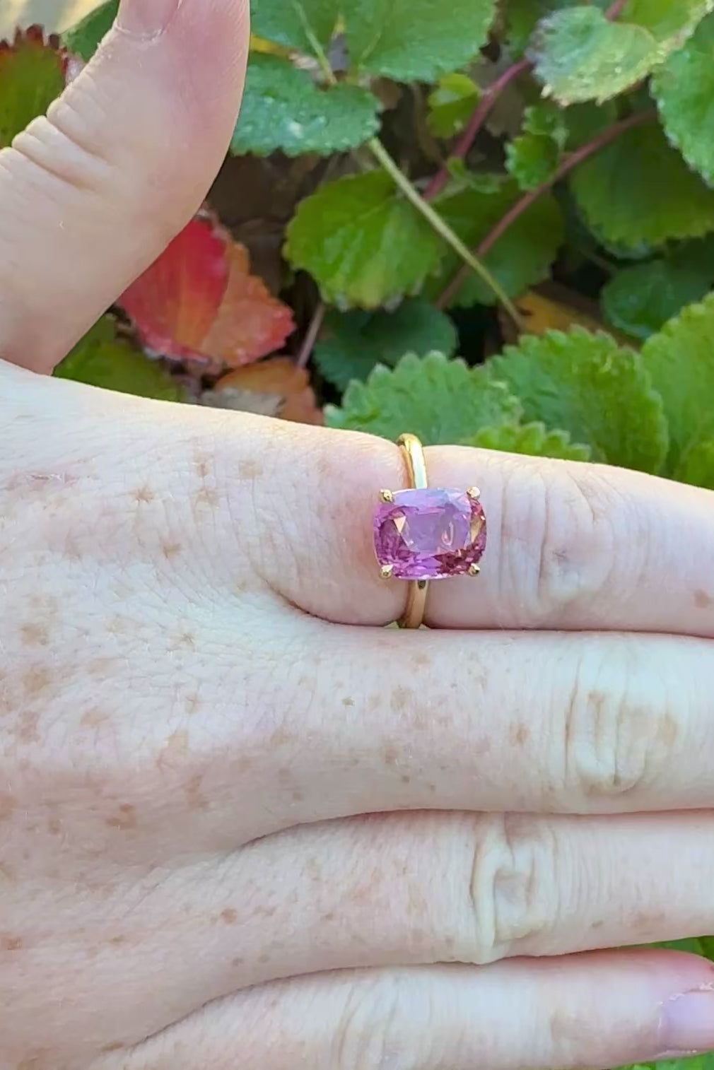 Pink spinel engagement ring natural light on hand solitaire AGL