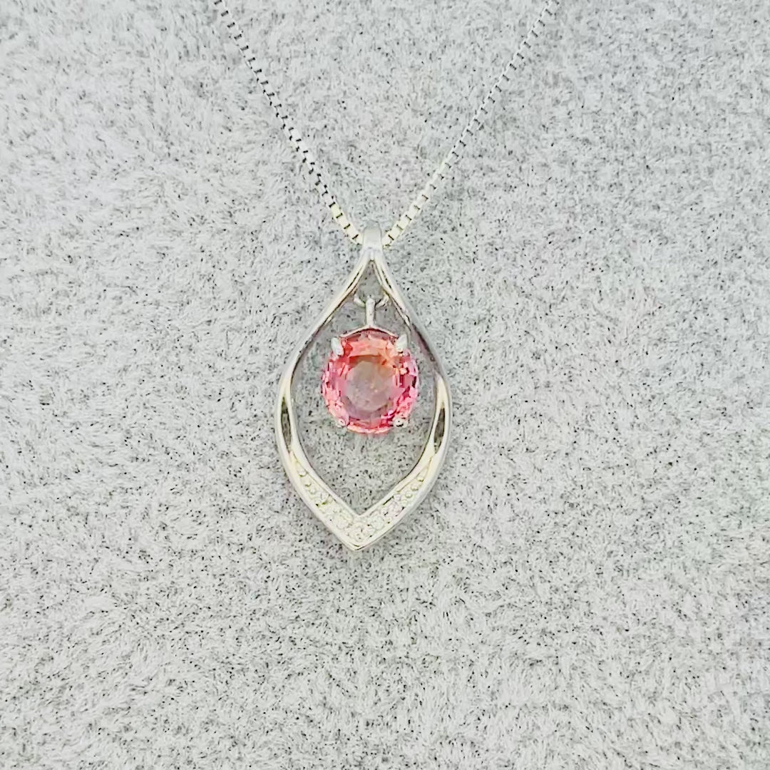 pink orange zoned gia sapphire on 18k white gold pendant and box chain