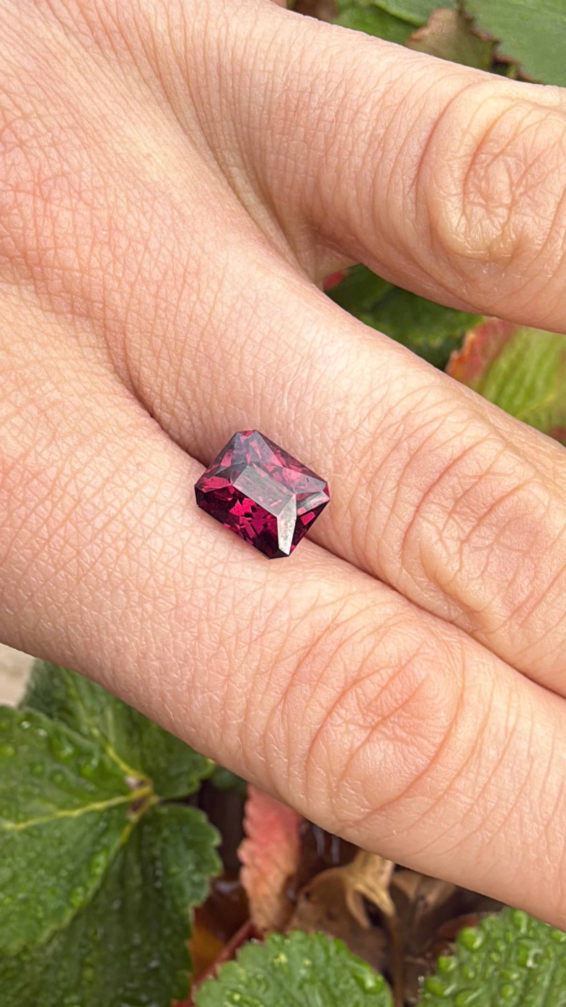 rhodolite garnet 4 ct octagonal eye clean high quality on finger natural light