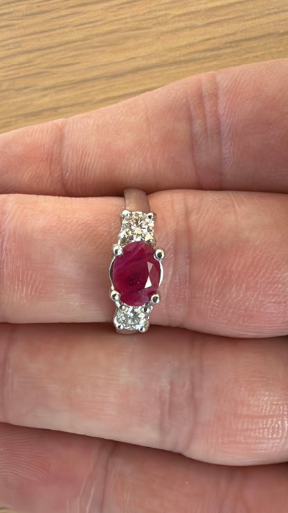 trilogy ring red ruby and diamond white gold ring classic three stone on hand