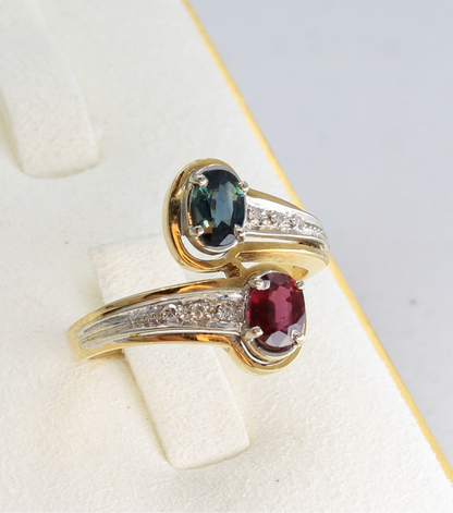 Ruby and teal sapphire 18k bypass ring yellow white gold