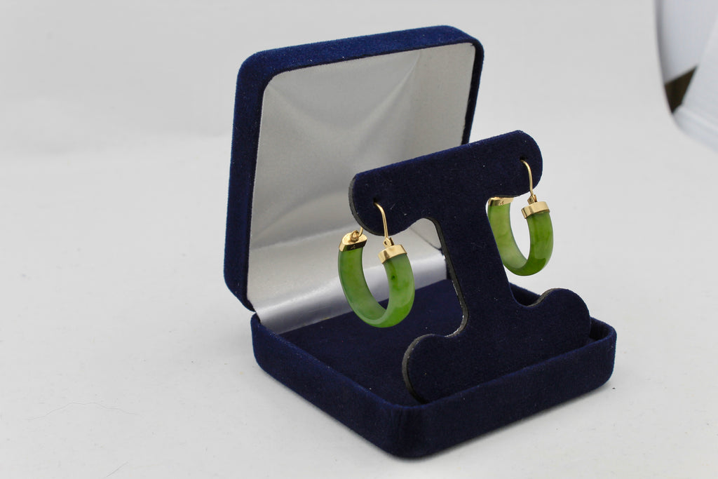 Nephrite Green Jade Hoop Earrings - 14K Gold