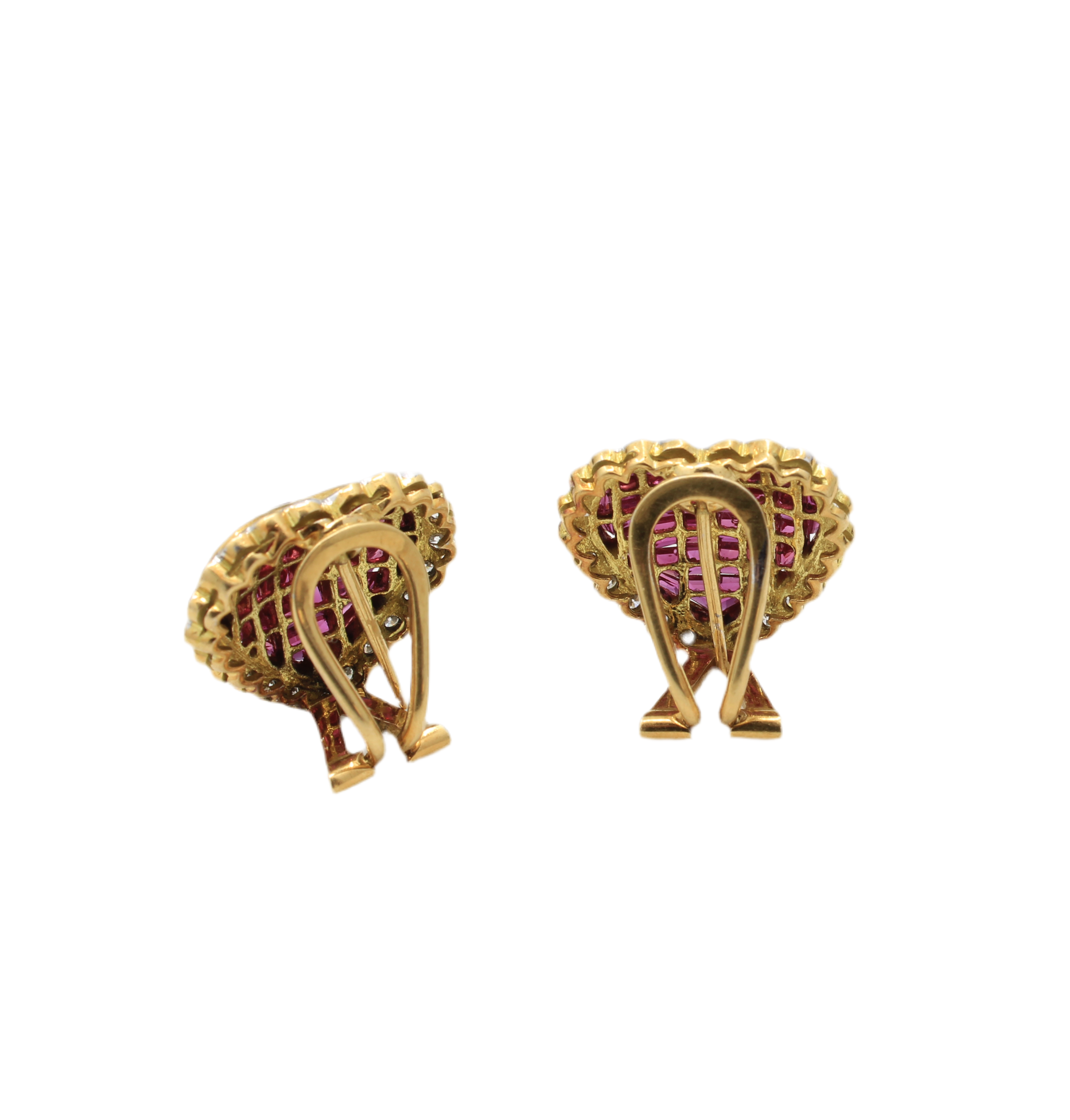 the back of mystery set ruby and diamond Heart Stud / Clip on Earrings 18k yellow gold 