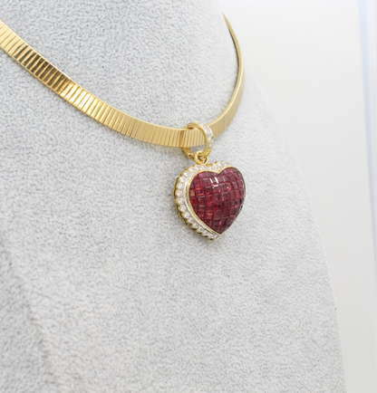 invisible set ruby heart pendant with a latching clasp and diamond accent.