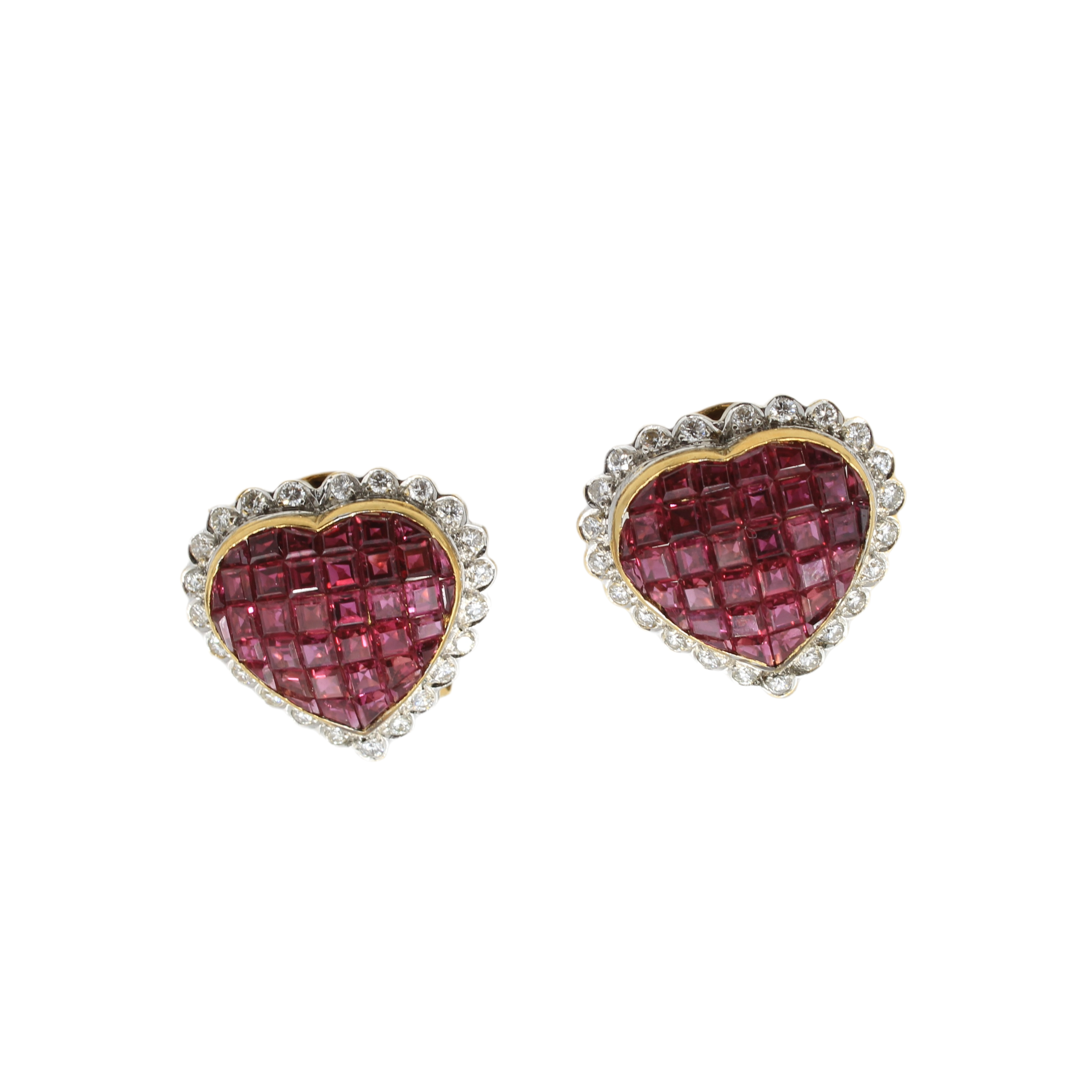 front view of mystery set ruby and diamond Heart Stud / Clip on Earrings 18k yellow gold 