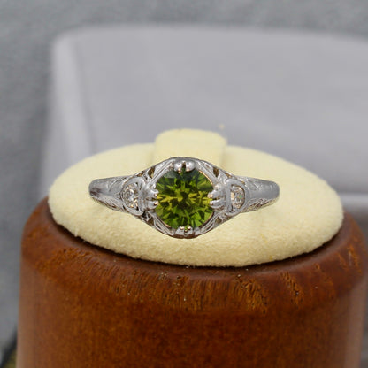 Filigree Green Sapphire and Diamond Ring - 18K White Gold