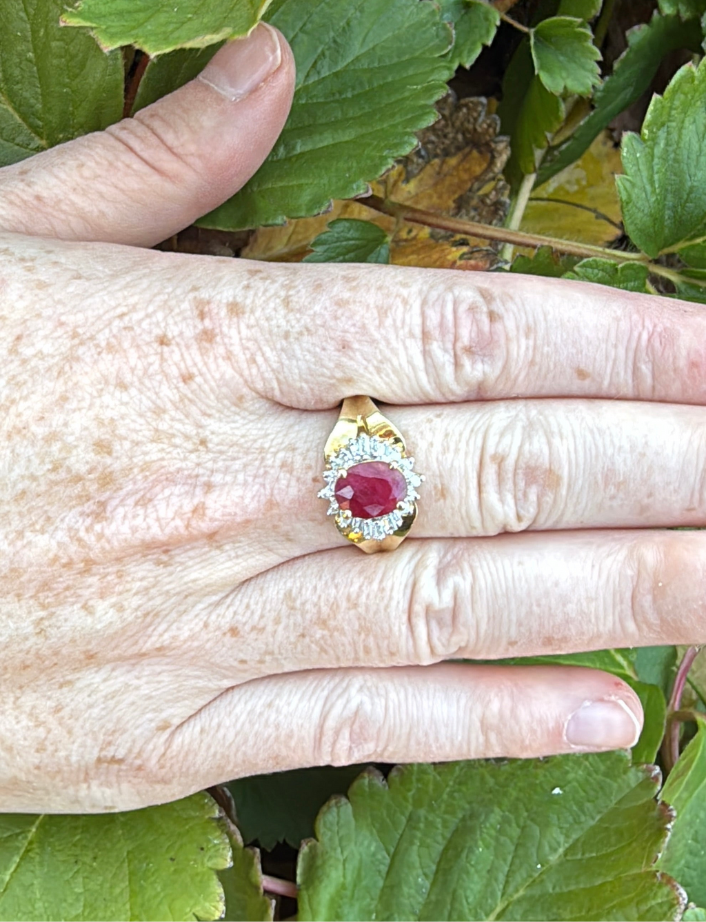 Ruby ballerina ring 7.5 14k yellow gold red halo diamonds on hand