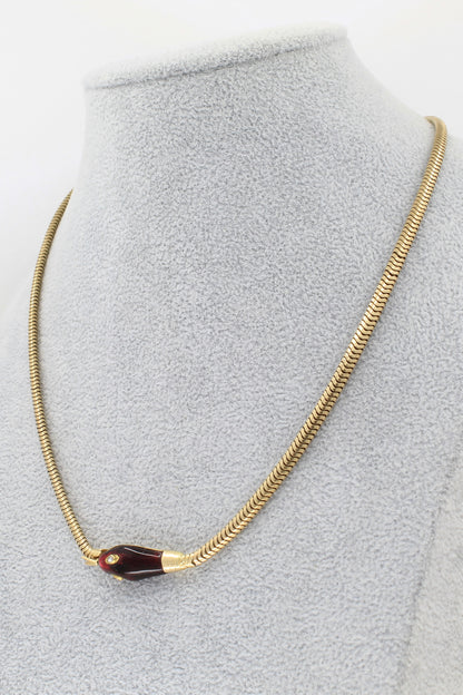 Snake Chain Necklace with Garnet and Diamond Snake - 14K Yellow Gold - 17”