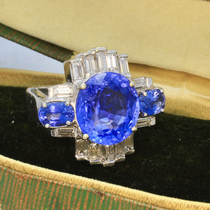 Art deco Ceylon sapphire no heat engagement ring in an antique jewelry box