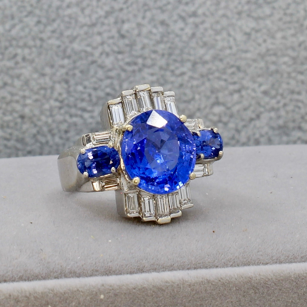 Art Deco No Heat Sapphire, Diamond, and 18K White Gold Ring with AGL Report