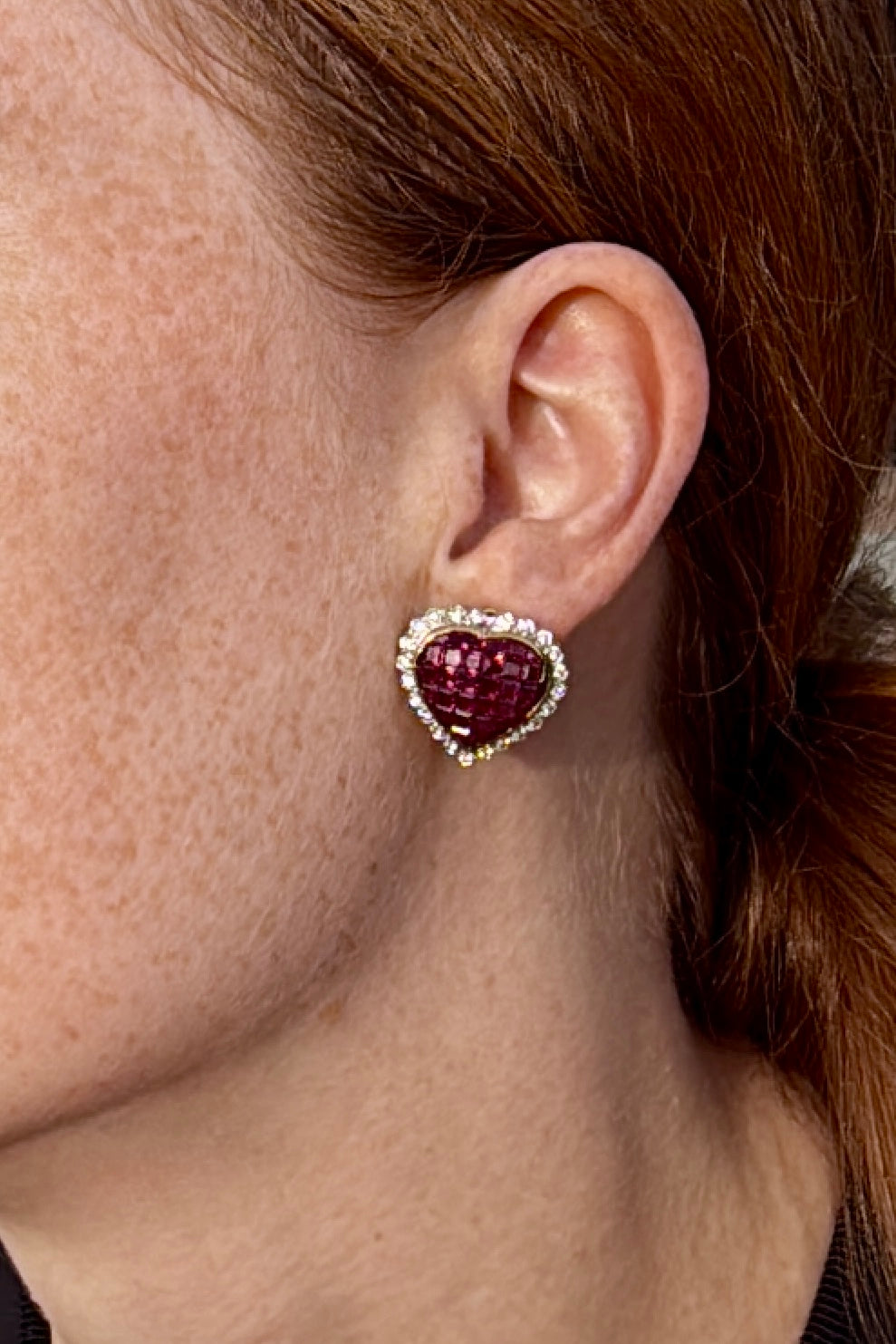 On ear wearing mystery set ruby and diamond Heart Stud / Clip on Earrings 18k yellow gold 