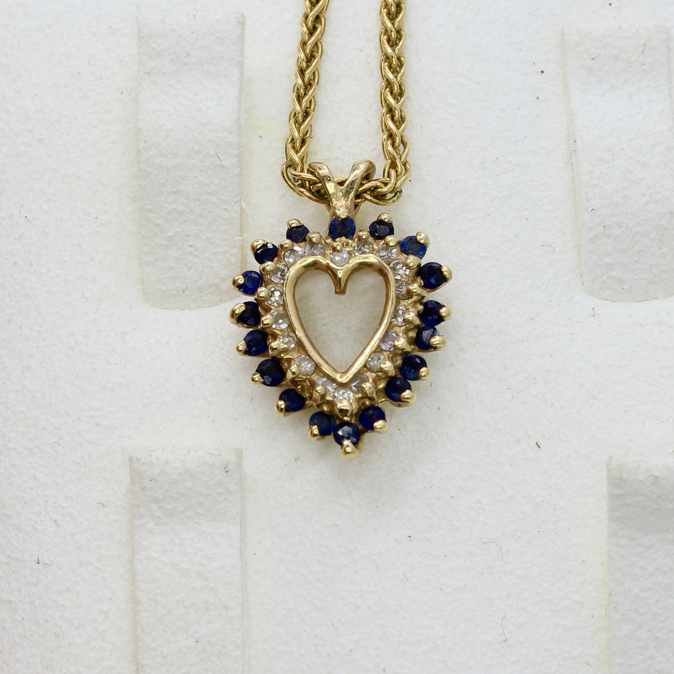 Sapphire, Diamond and Gold Heart Pendant