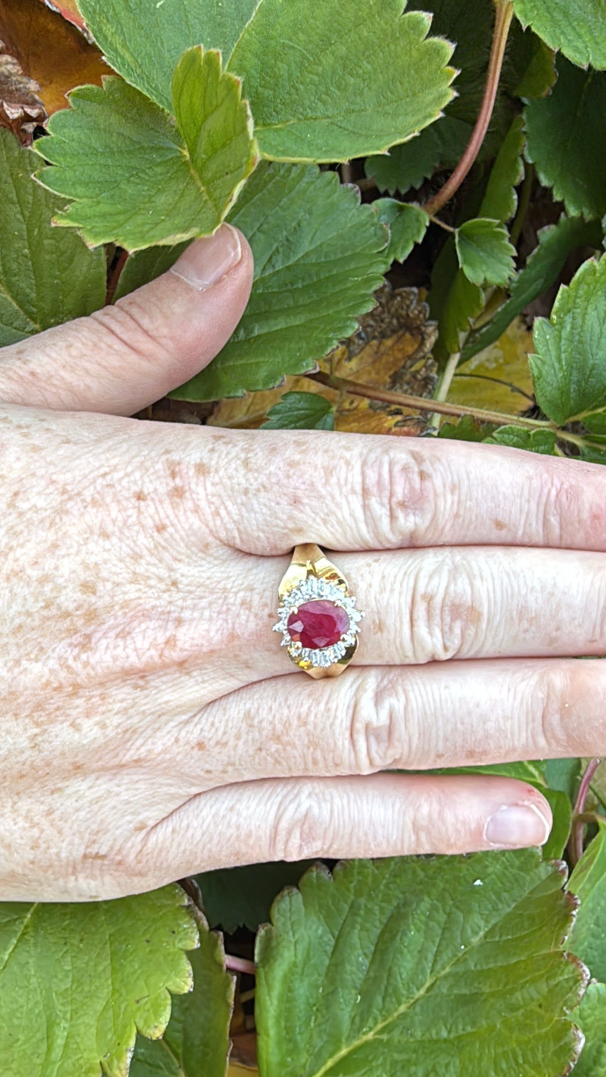 Ruby ballerina ring 7.5 14k yellow gold red halo diamonds on hand