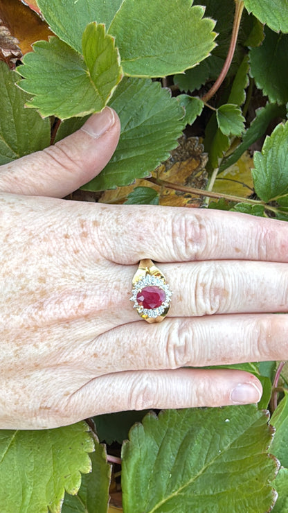 Ruby ballerina ring 7.5 14k yellow gold red halo diamonds on hand