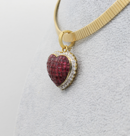 invisible set ruby heart pendant with a latching clasp and diamond accent.