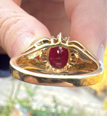 Ballerina ruby ring back of the ring red oval yellow gold