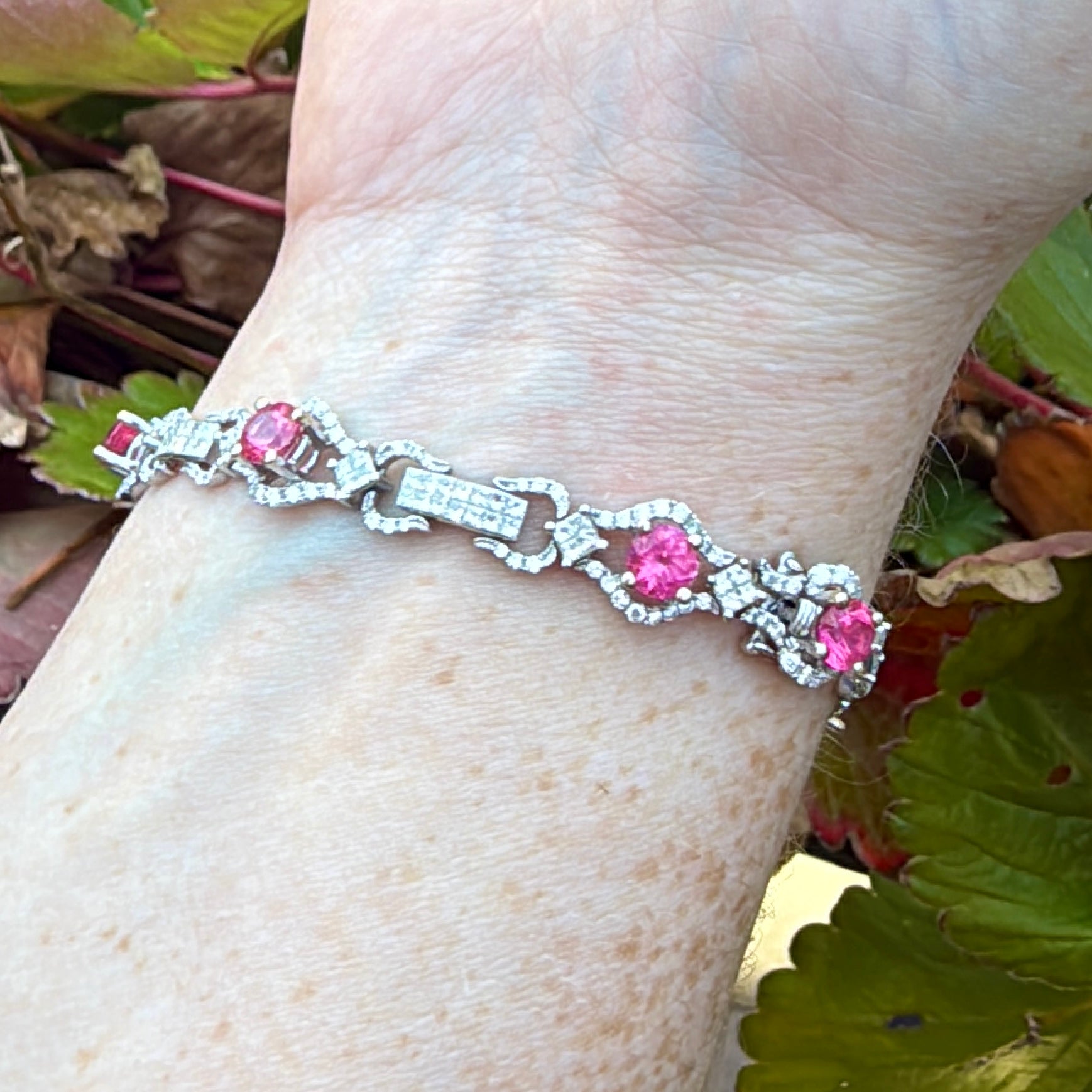 Pink spinel bracelet link white gold diamonds