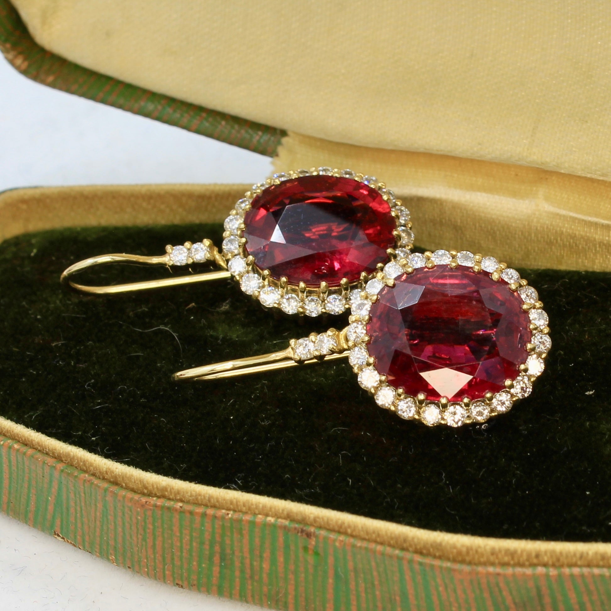 Rubellite Diamond and Gold Dangle Earrings - 14K Yellow Gold