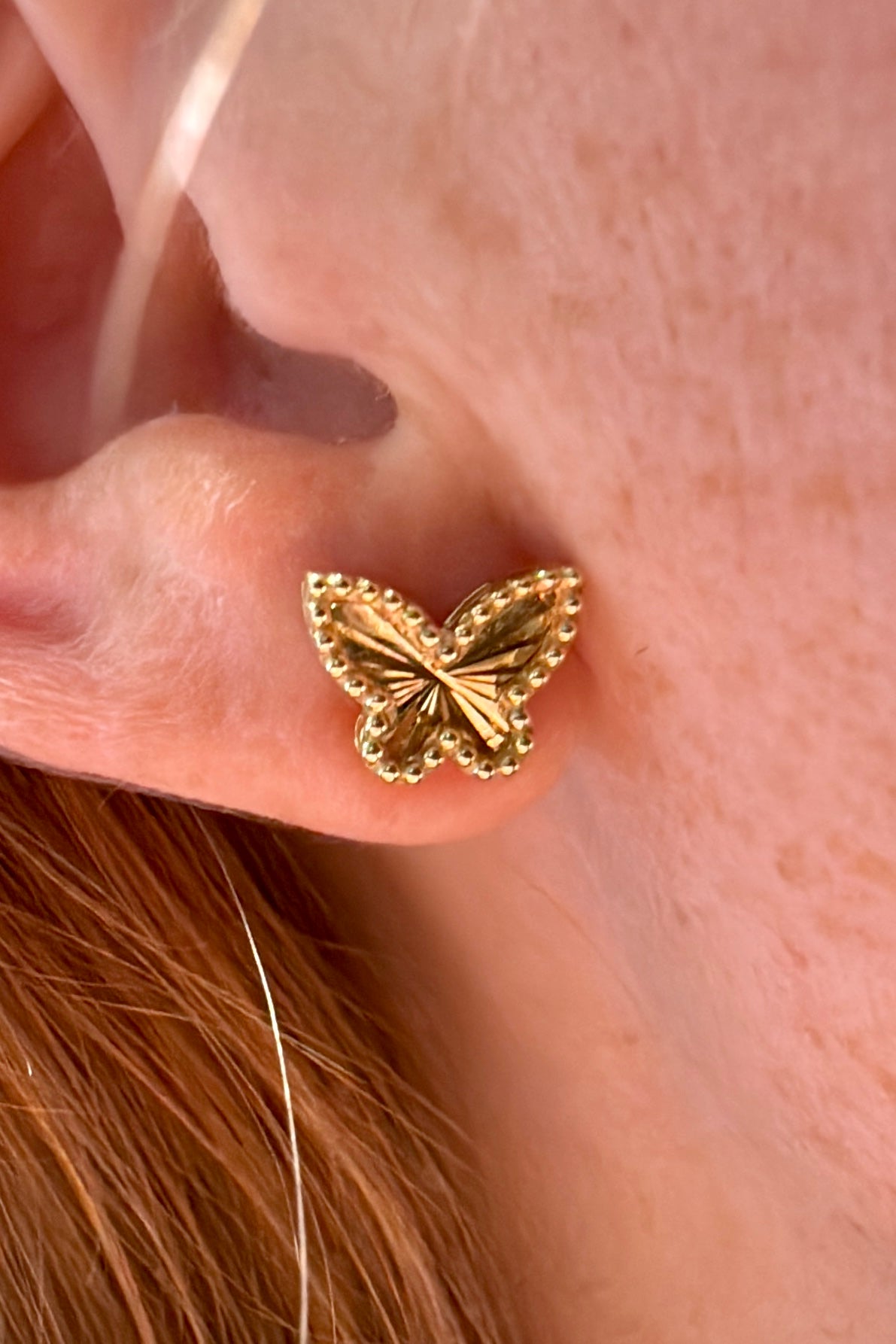 Engine Turned Butterfly Gold Stud Earrings