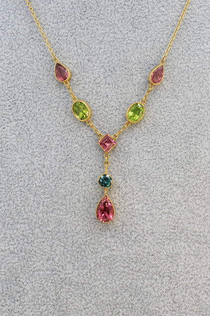 Pink Tourmaline, Peridot and Blue Tourmaline Lavalier Necklace - 14K Yellow Gold