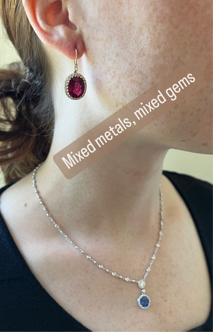 Rubellite earrings on ear beautiful color dangle red yellow gold