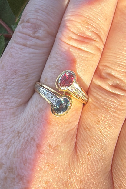 Ruby and teal sapphire 18k bypass ring yellow white gold