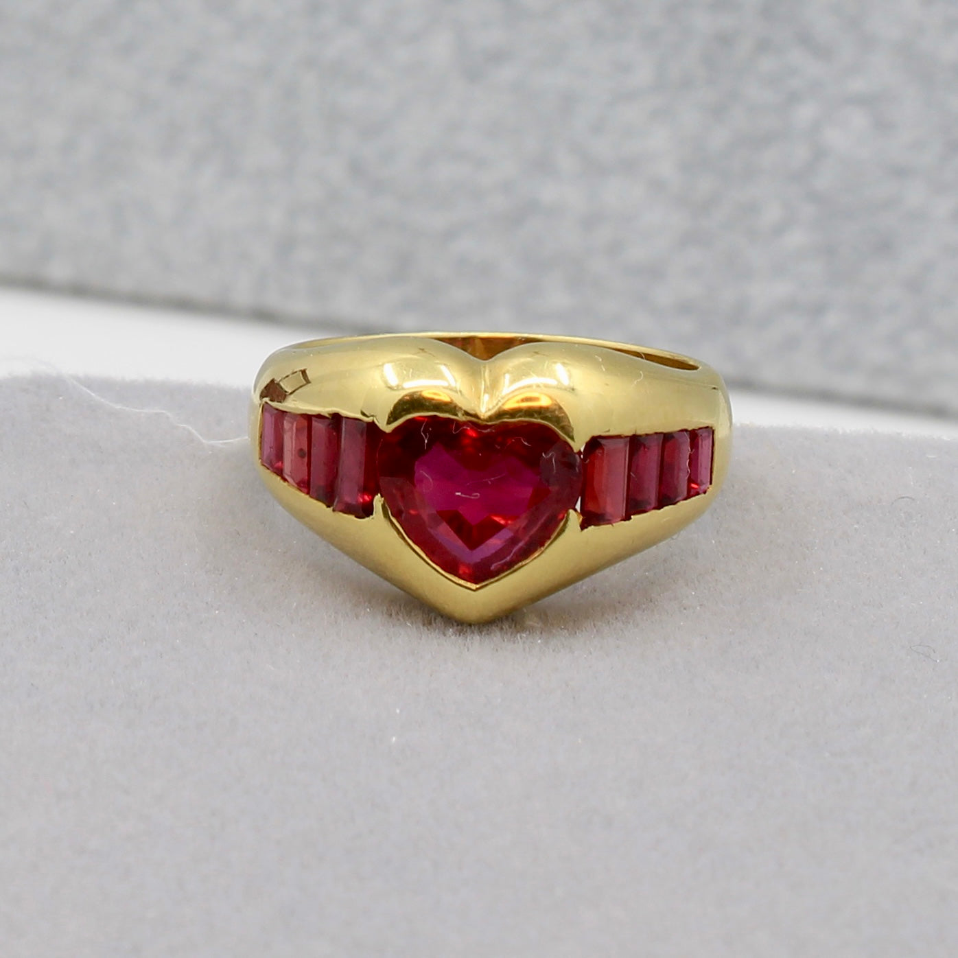 Lab Ruby ring yellow gold size 6 side rubies natural 18k front view