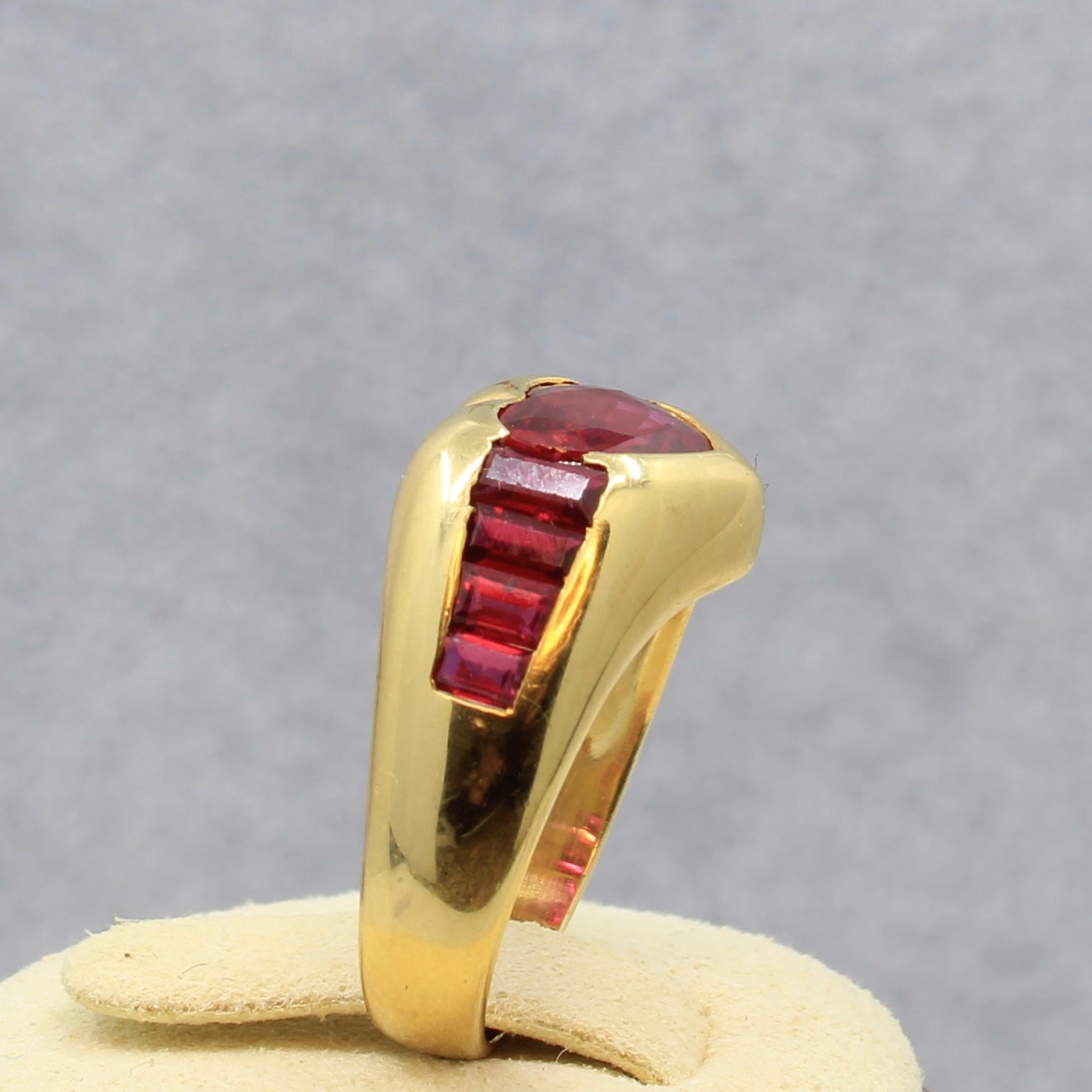 Lab Ruby ring yellow gold size 6 side rubies natural 18k side view