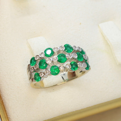 emerald and diamond 18k white gold ring round front view