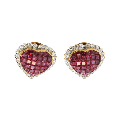 Invisible Set Ruby Heart Stud / Clip on Earrings mystery setting 18k yellow gold