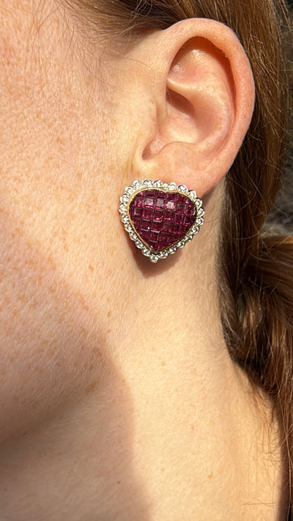 On ear wearing mystery set ruby and diamond Heart Stud / Clip on Earrings 18k yellow gold 