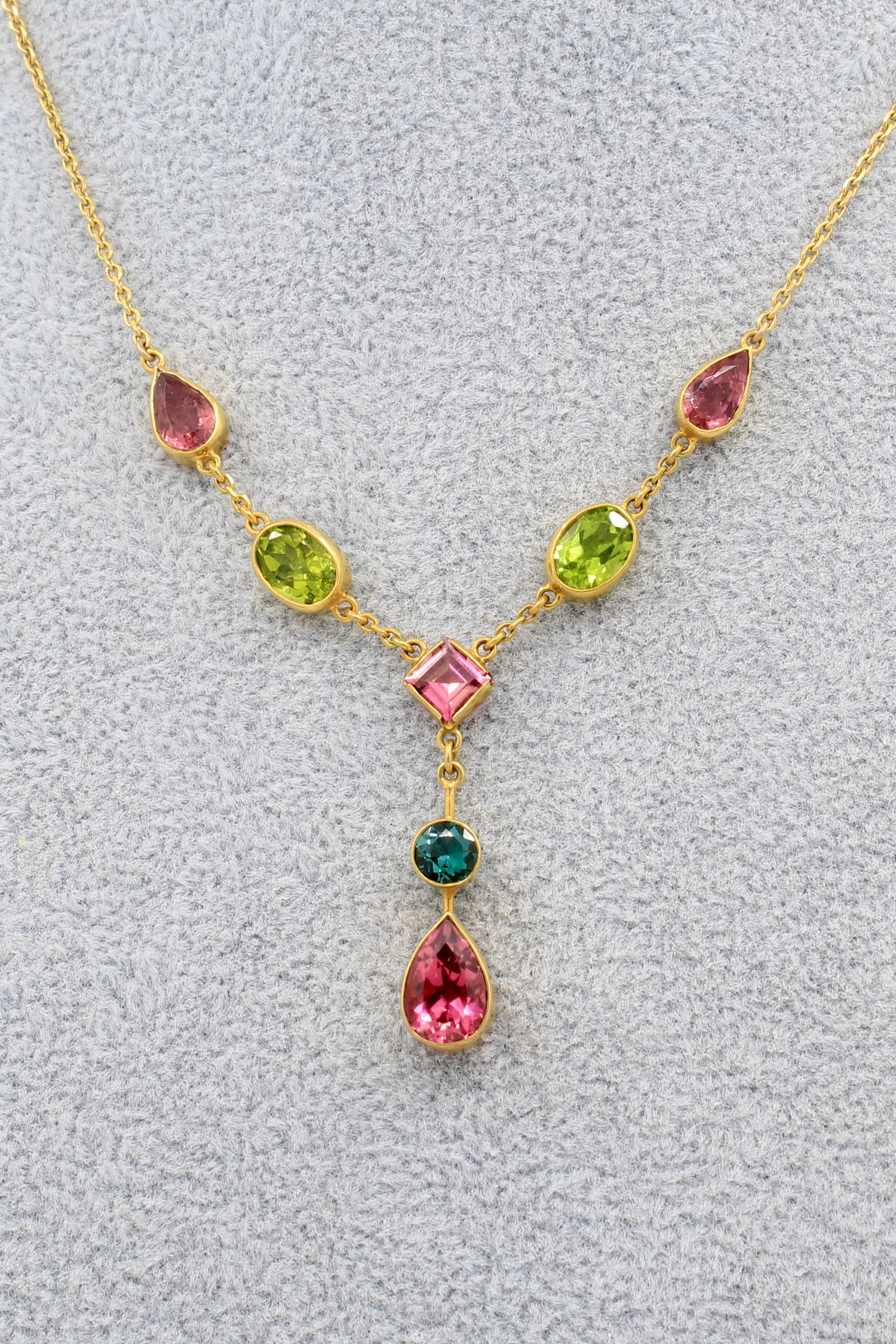 Tourmaline and peridot lavalier necklace 14K yellow gold pink blue green